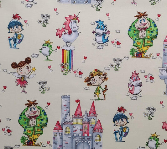 Believe in Magic by Eric Sturtevant for Studio E Fabrics Pattern #5467 - Ivory Fabric / Cartoon-Style Castle / Bright Pastel Print