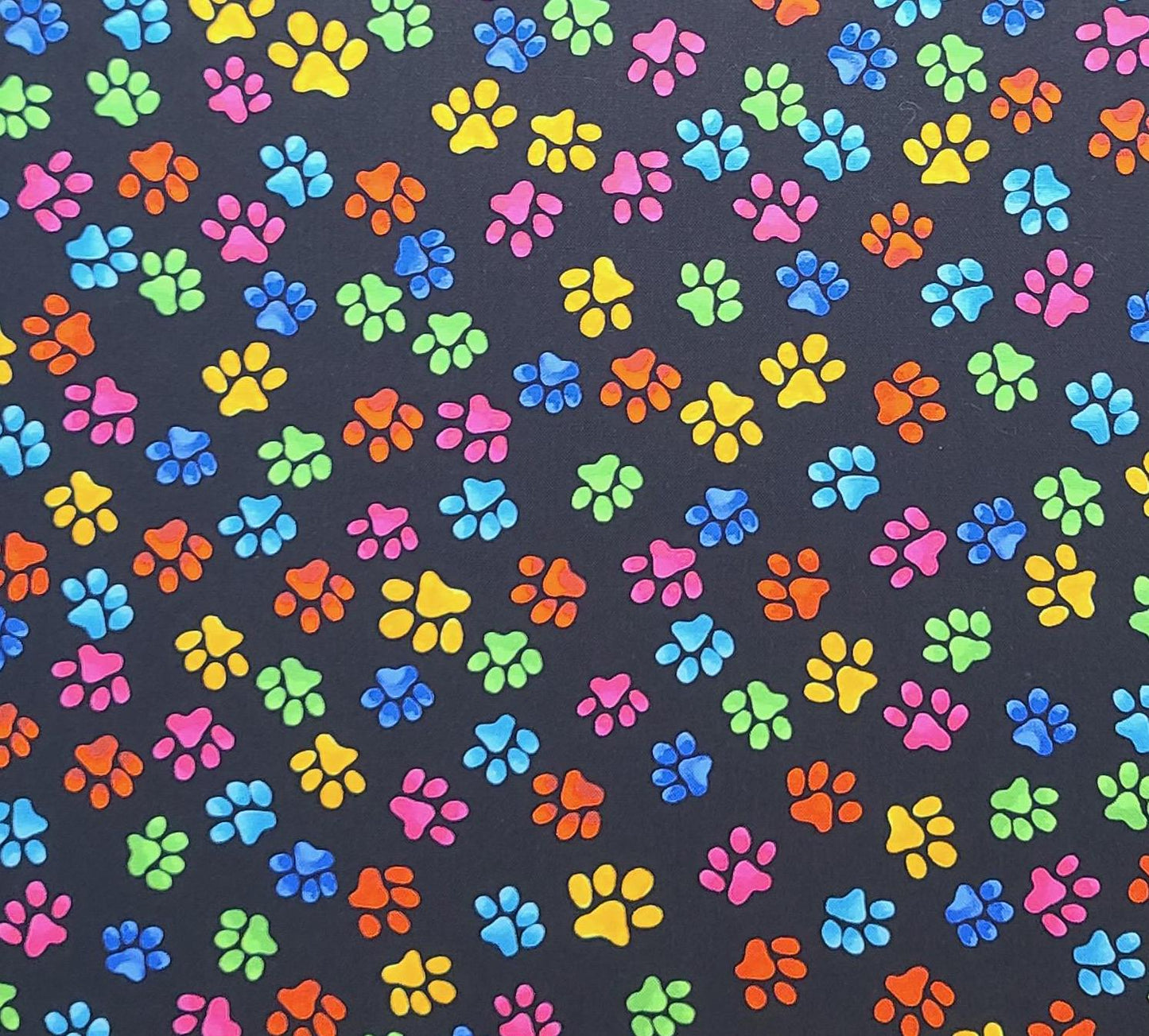 Paws Loralie Harris for Loralie Designs - Black Fabric / Brightly Colored Tossed Paw Print