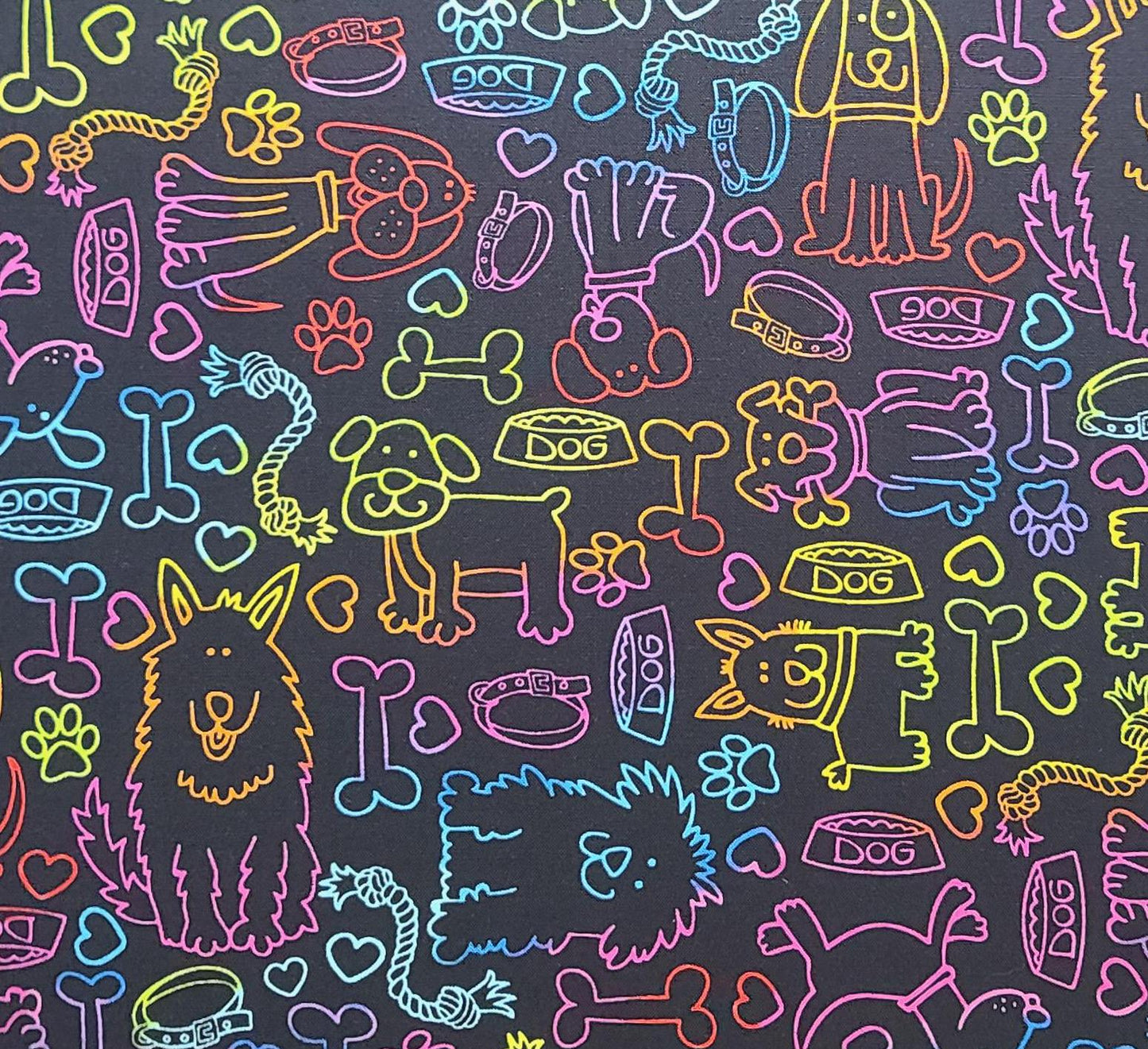 Timeless Treasures Fabrics of SoHo Patt #GAIL-C7031 - Black Fabric / Neon Dog Print