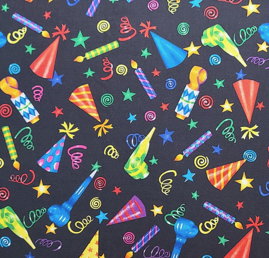 Fit To Print Patt#KIDZ-C1615 - Black Fabric / Brightly Colored Pastel Hats, Streamers, Candle Print