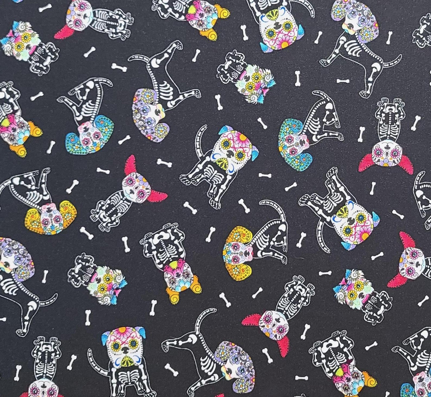 Hi-Fashion Fabrics Patt#7273 - Black Fabric / White Dia de Los Muertos Dog Print / Yellow, Teal, Red