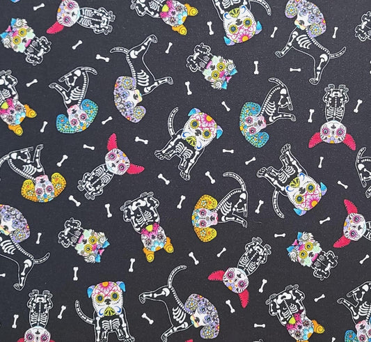 Hi-Fashion Fabrics Patt#7273 - Black Fabric / White Dia de Los Muertos Dog Print / Yellow, Teal, Red