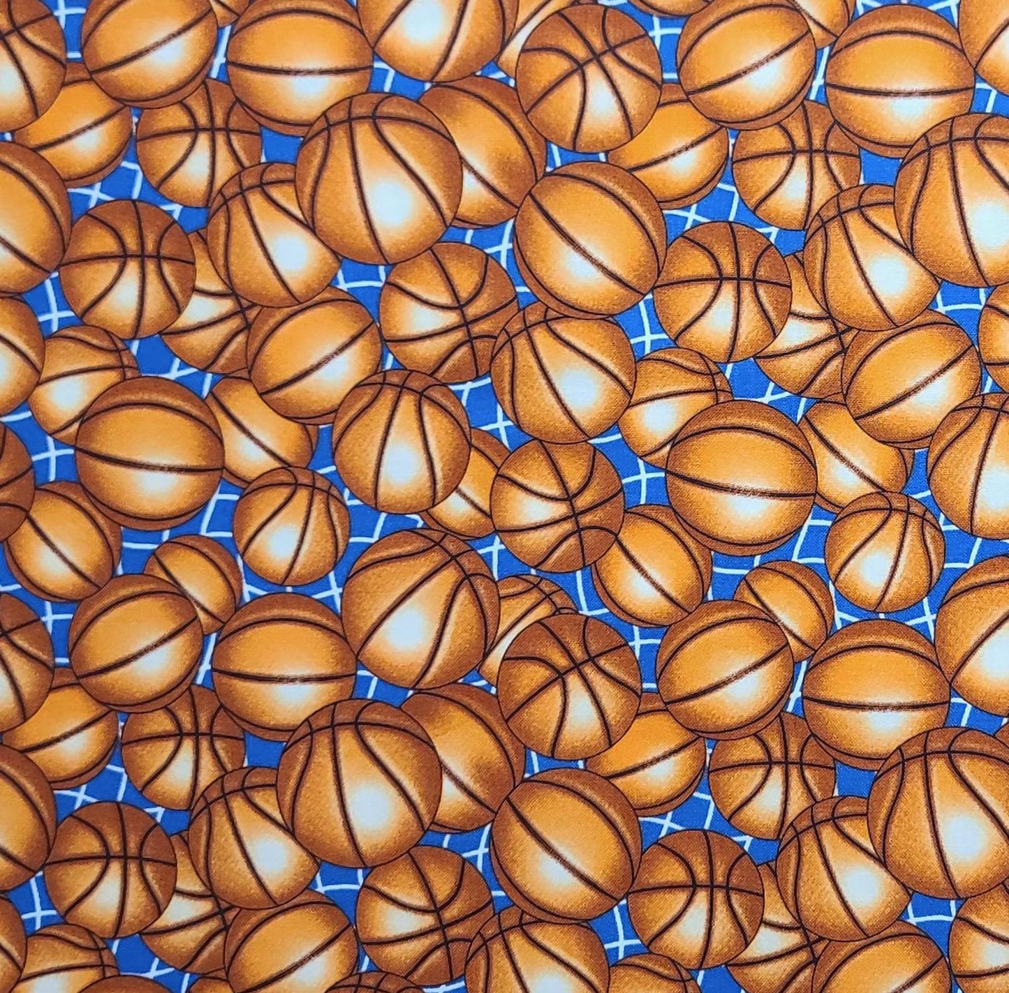 Dan Morris for Robert Kaufman Sports Club D#8082 - Blue Fabric / White Net / Tossed Basketball Print