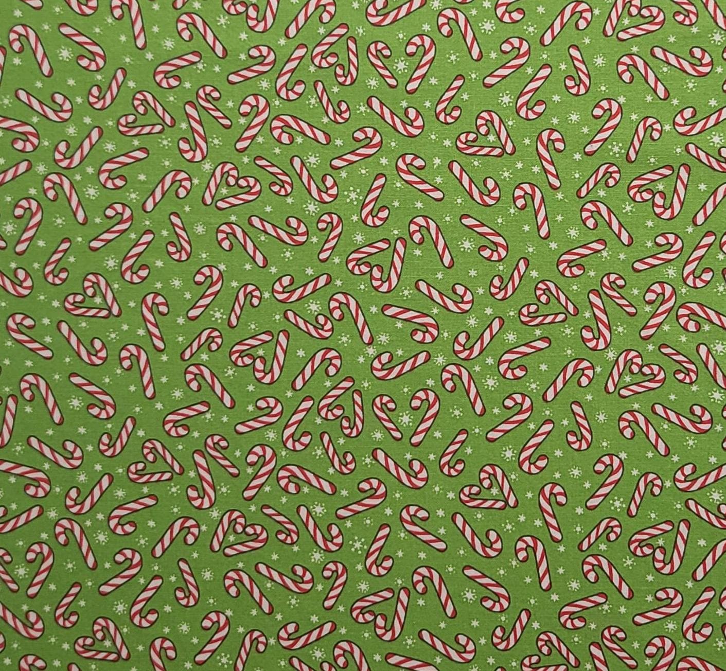 Bright Green Fabric / White Snowflake / Tossed Candy Cane Print