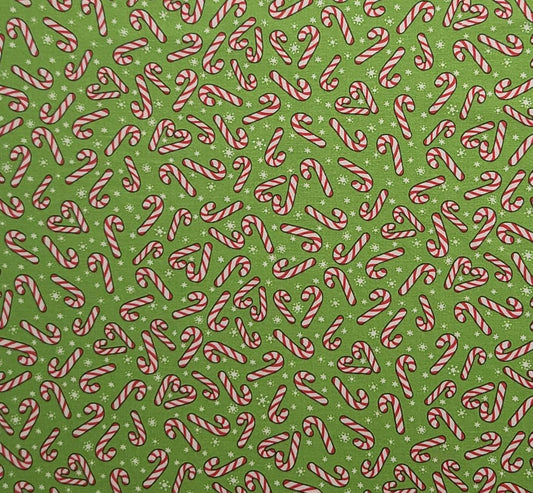 Bright Green Fabric / White Snowflake / Tossed Candy Cane Print