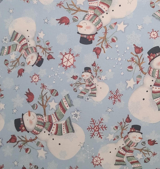 CP64375 Valentine Snowman Susan Winget - Pale Blue Fabric / Tossed Snowman, Snowflake, Star Print