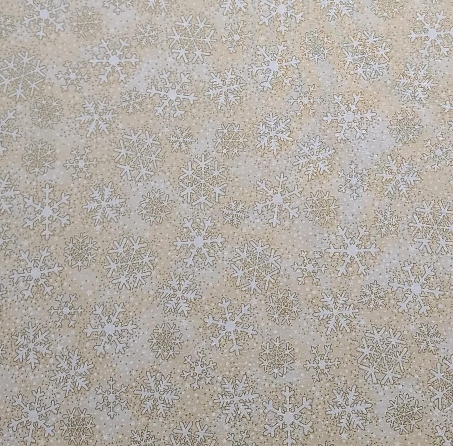 EOB - Seasons Greetings by Hoffman International Fabrics - Tan, Taupe, White Tonal Fabric / Packed Snowflake Print / Gold Metallic Accents