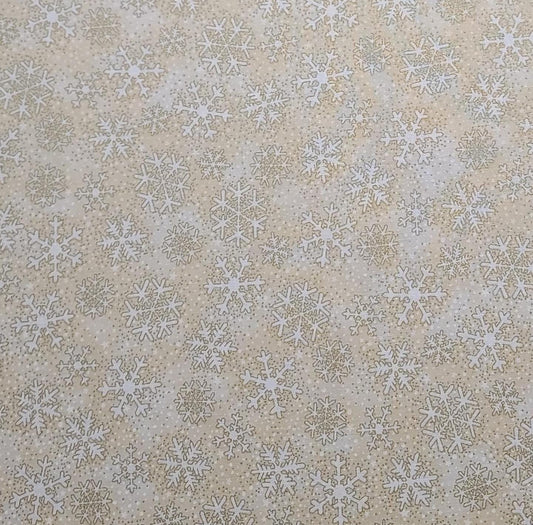 EOB - Seasons Greetings by Hoffman International Fabrics - Tan, Taupe, White Tonal Fabric / Packed Snowflake Print / Gold Metallic Accents