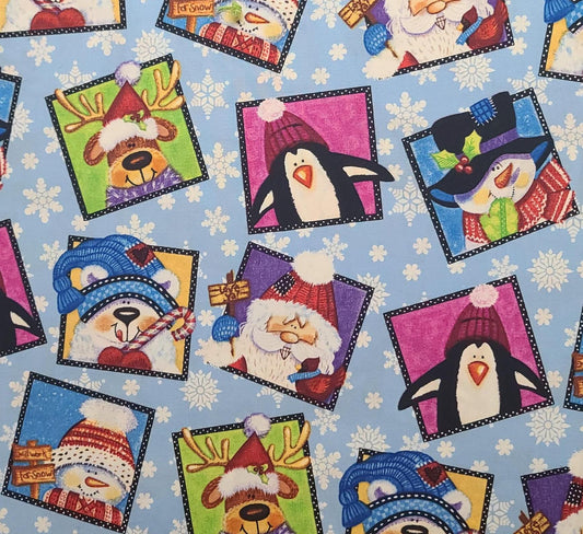 ADJ Cozy Wonderland D#71889 - Light Blue and White Snowflake Patterned Fabric / Scattered Brightly Colored Cartoon Animal, Santa Print Block