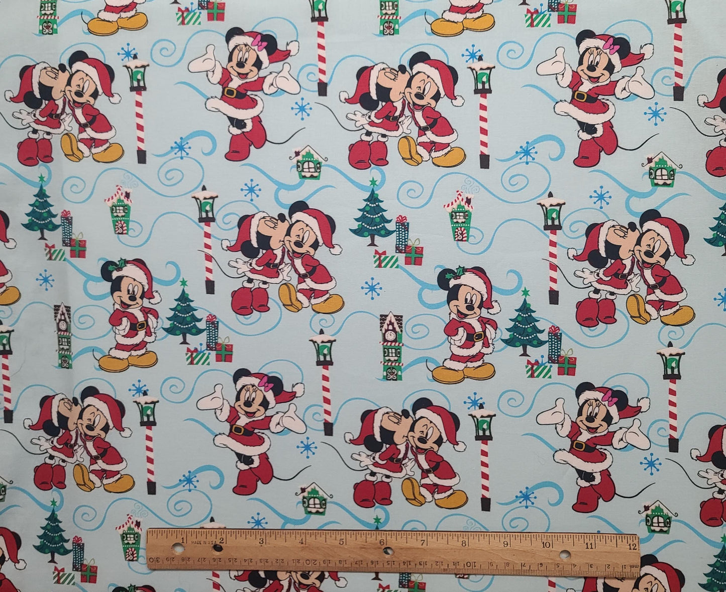 CP68937 Christmas Love Disney Springs Creative Product Group 2019 - Pale Blue Fabric / Medium Blue Scroll / Mickey & Minnie Print