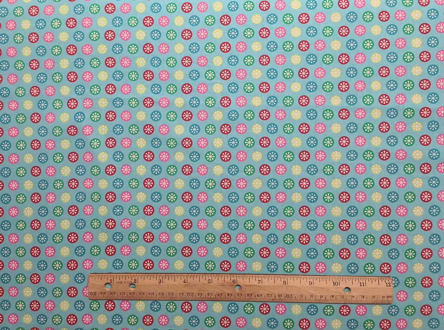 JoAnn Fabrics - Bright Aqua Fabric / Pink, Red, Green Dot and Snowflake Print