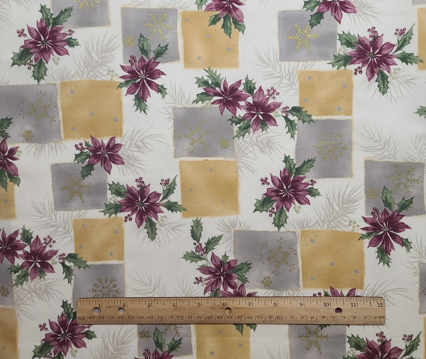 EOB - Sheer Holiday by RJR Fabrics 2003 - Ivory, Tan, Gold, Gray, Magenta Poinsettia Christmas Block Print Fabric