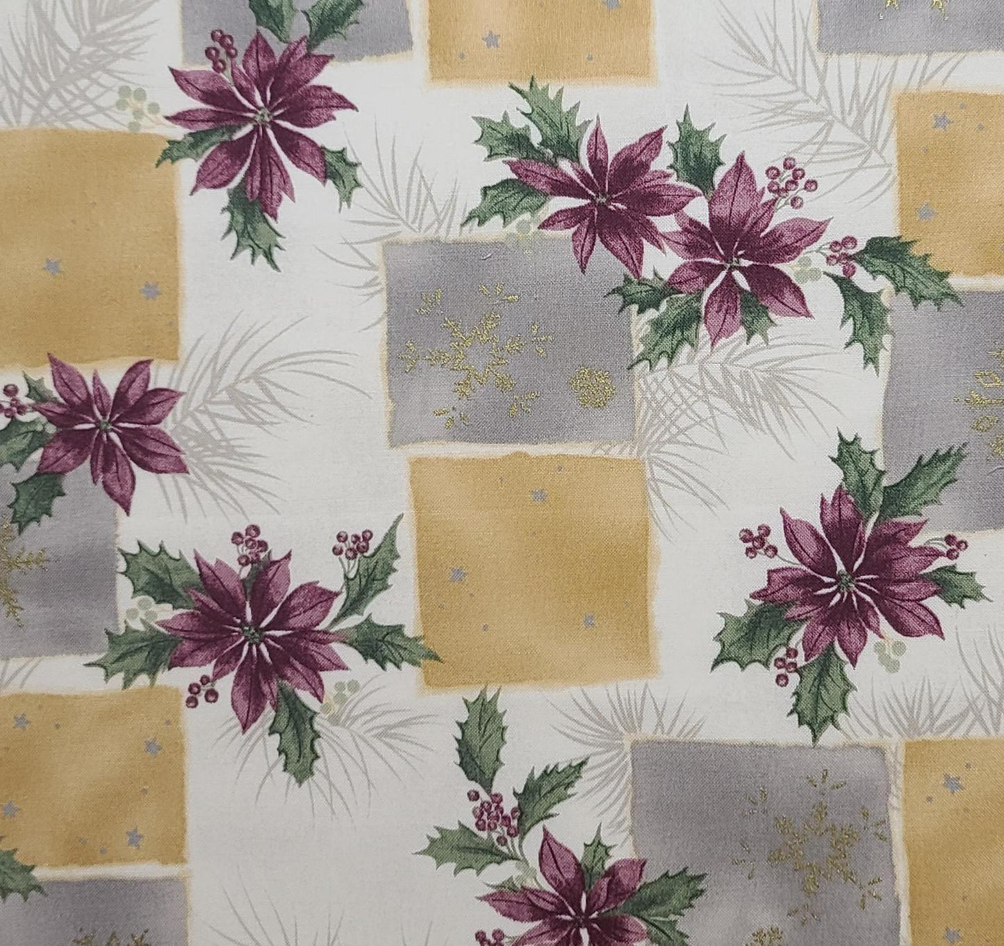 EOB - Sheer Holiday by RJR Fabrics 2003 - Ivory, Tan, Gold, Gray, Magenta Poinsettia Christmas Block Print Fabric