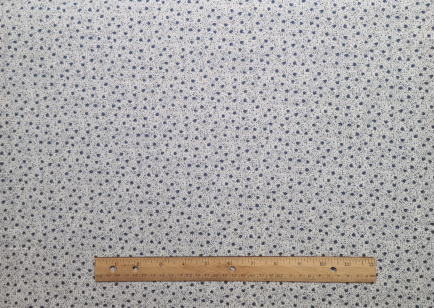 Vintage White Fabric / Slate Blue Tonal Flower and Dot Print - Selvage to Selvage Print