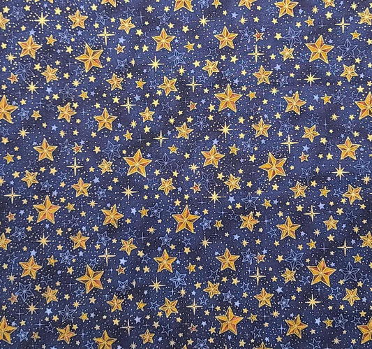 Celestials by Hoffman International Fabrics - Navy Fabric / Light Blue, Brown, Gold Metallic Star Print