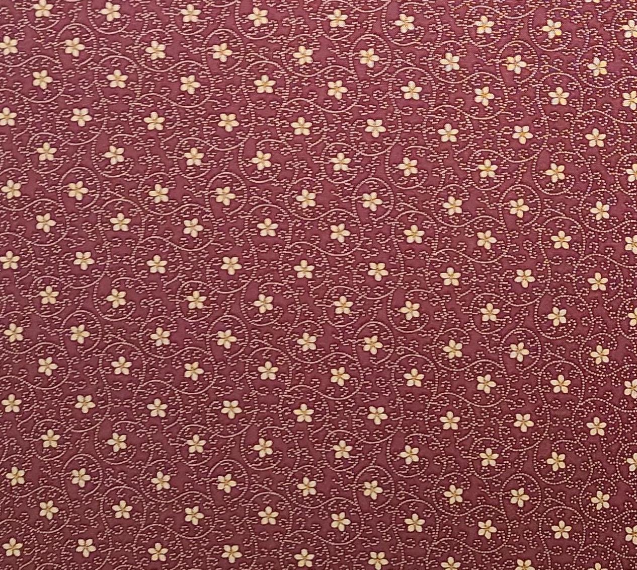 Scrapbook Garden by Kansas Troubles Quilters for Moda - Dark Red Fabric / Reproduction Style Cream Flower and Dotted Scroll Print