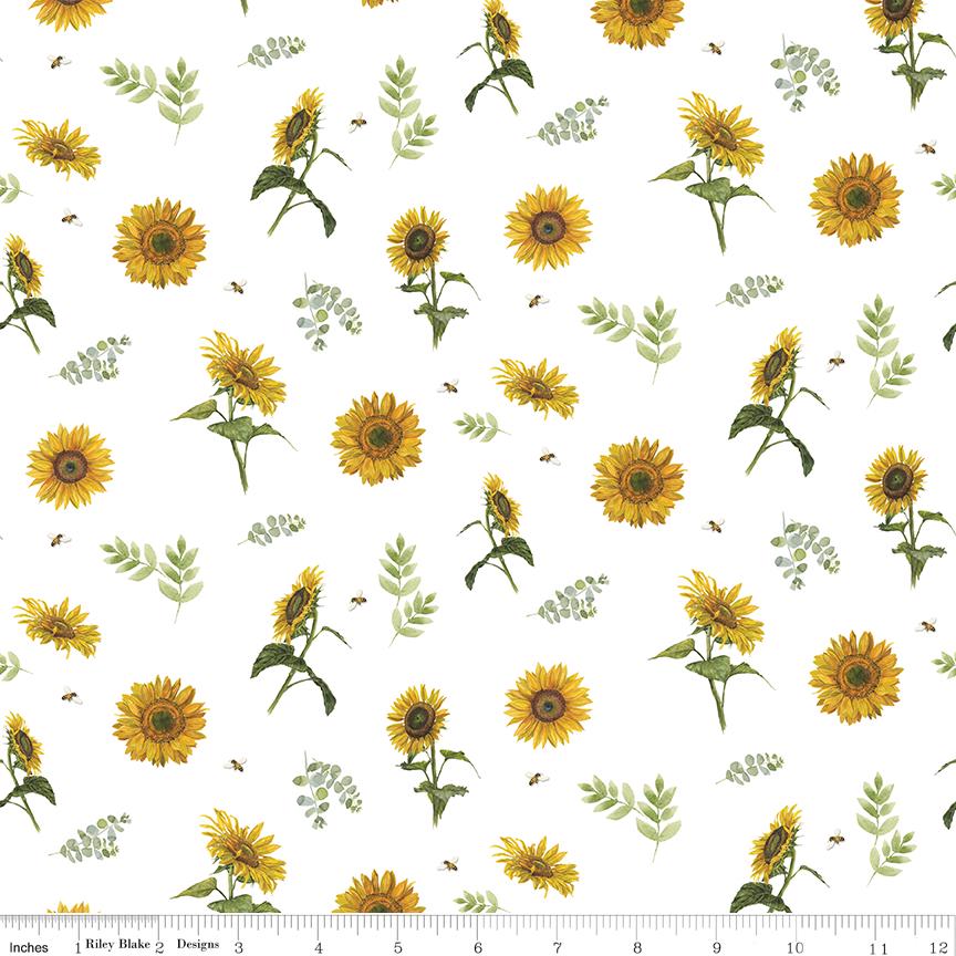 Honey Bees and Flowers Please by Tara Reed 2024 for Riley Blake Designs Pattern C15133 Sunflowers and Bees - White Fabric