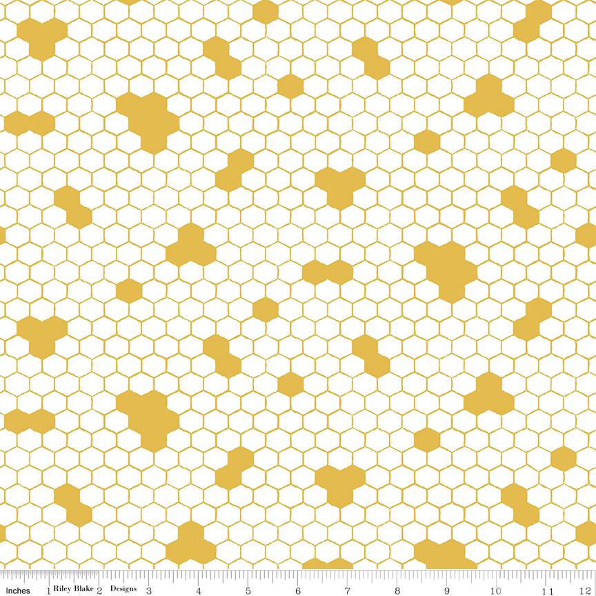 Honey Bees and Flowers Please by Tara Reed 2024 for Riley Blake Designs Pattern C15135 Honeycomb - White Fabric / Gold Honeycomb Print