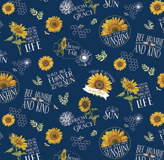 Honey Bees and Flowers Please by Tara Reed 2024 for Riley Blake Designs Pattern C15130 Main - Navy Fabric / Sunflower and White Script Print