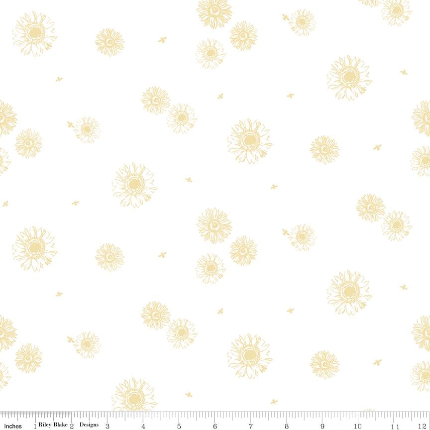 Honey Bees and Flowers Please by Tara Reed 2024 Riley Blake Designs Pattern C15134 Tonal Sunflowers - White Fabric / Gold Sunflower Print