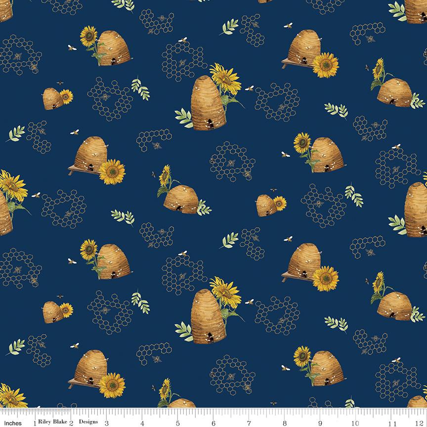 Honey Bees and Flowers Please by Tara Reed 2024 Riley Blake Designs Pattern C15132 Beehives-Navy Fabric / Gold Beehive, Sunflower, Honeycomb