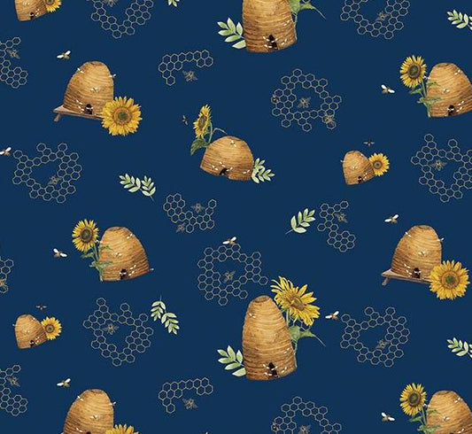 Honey Bees and Flowers Please by Tara Reed 2024 Riley Blake Designs Pattern C15132 Beehives-Navy Fabric / Gold Beehive, Sunflower, Honeycomb