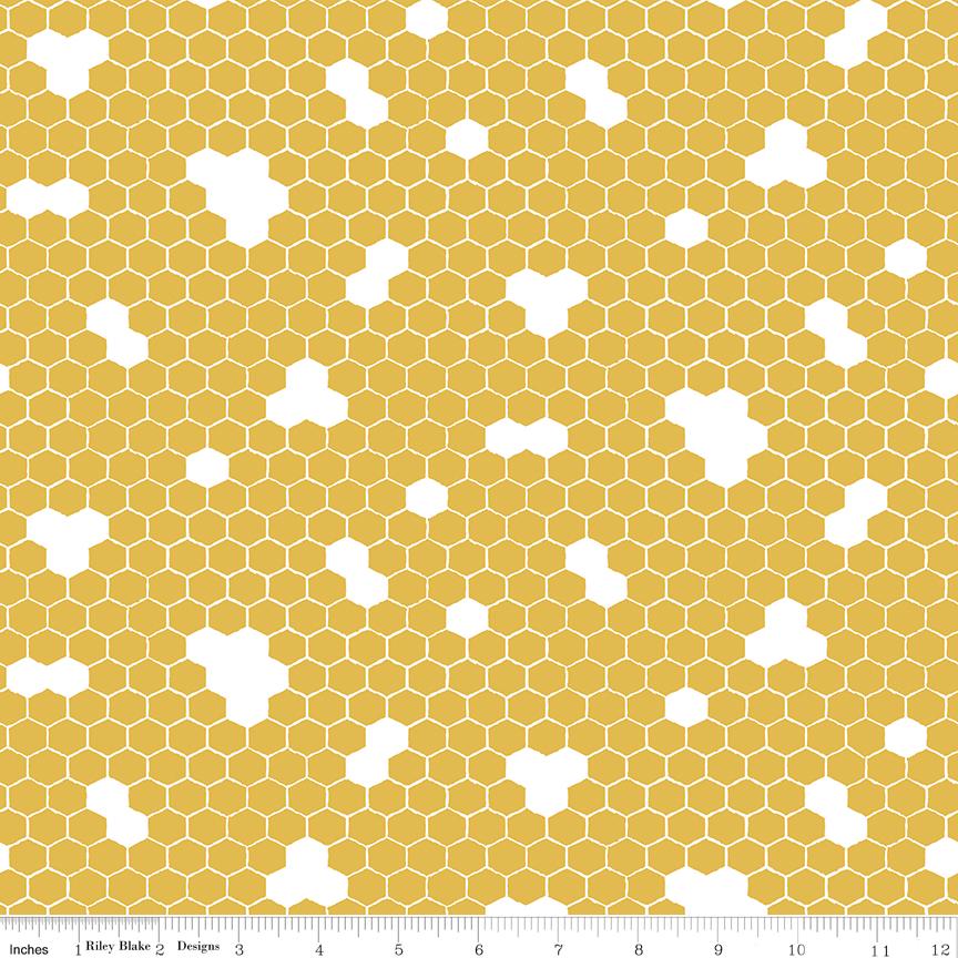 Honey Bees and Flowers Please by Tara Reed 2024 for Riley Blake Designs Pattern C15135 Honeycomb - Gold Fabric / White Honeycomb Print