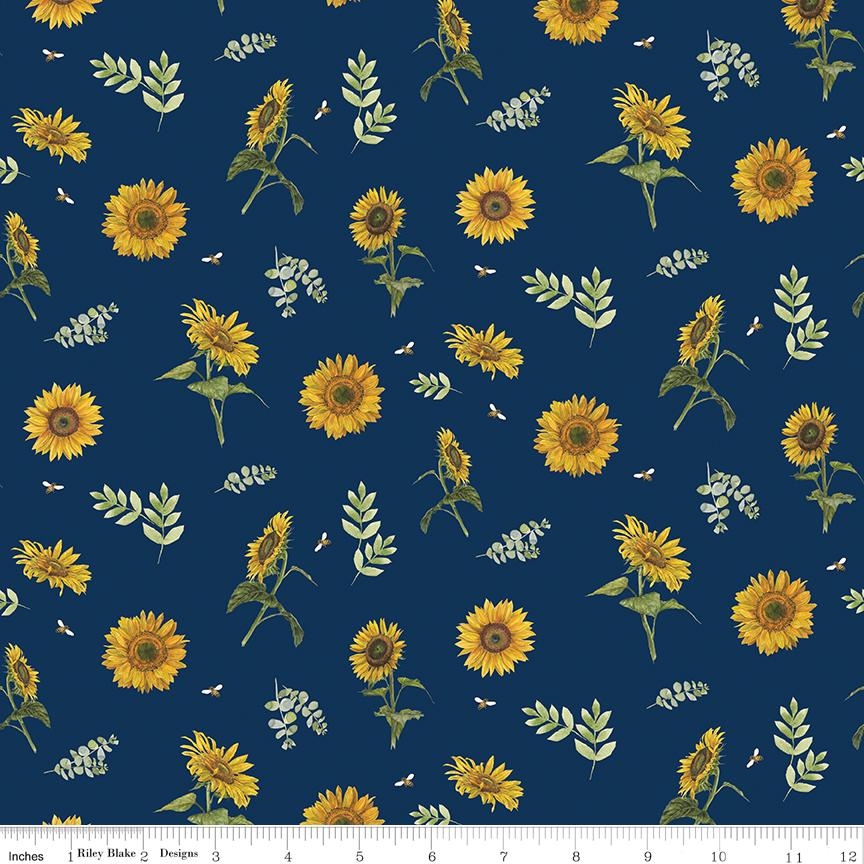 Honey Bees and Flowers Please by Tara Reed 2024 Riley Blake Designs Pattern C15133 Sunflowers and Bees - Navy Fabric / Sunflower, Leaf, Bee