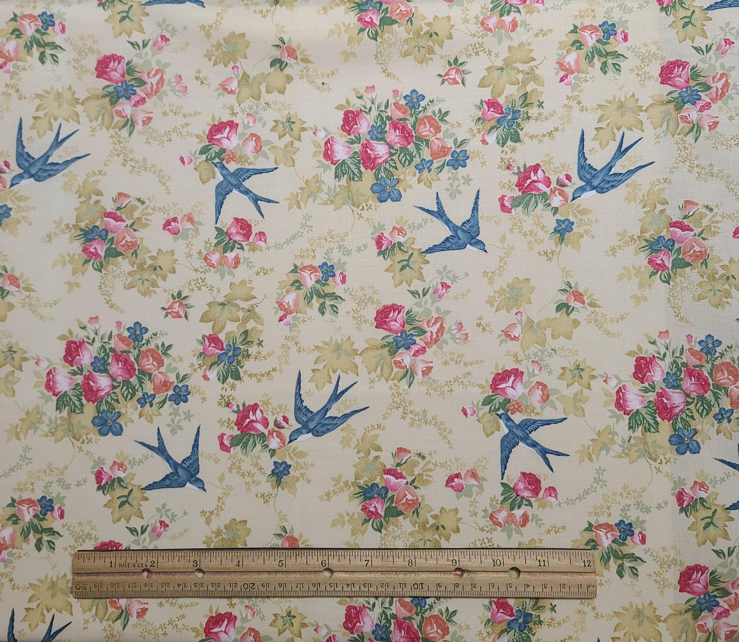 Beth Ann Bruske for David Textiles Inc - Cream Fabric / Gold Leaf, Blue Bird and Flower Bouquet Print