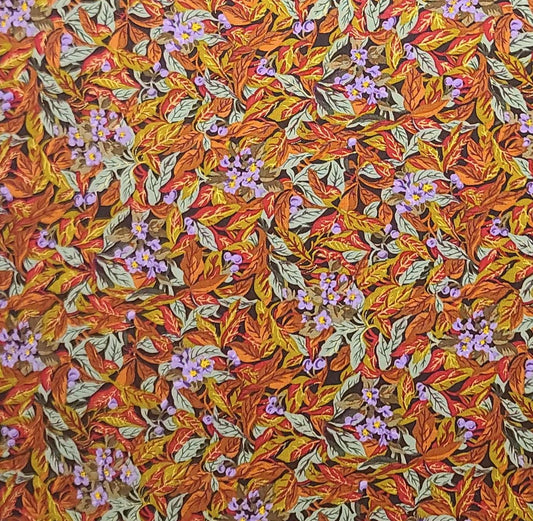 Peter Pan Fabrics Inc - Black Fabric / Orange, Red, Green, Lavender Packed Leaf and Flower Print