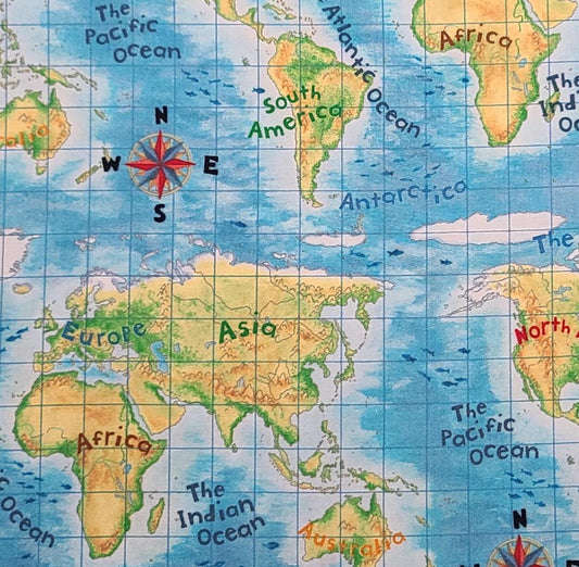 Animals Around the World Lisa McCue Wilmington Prints - Bright Blue Fabric with World Map Print