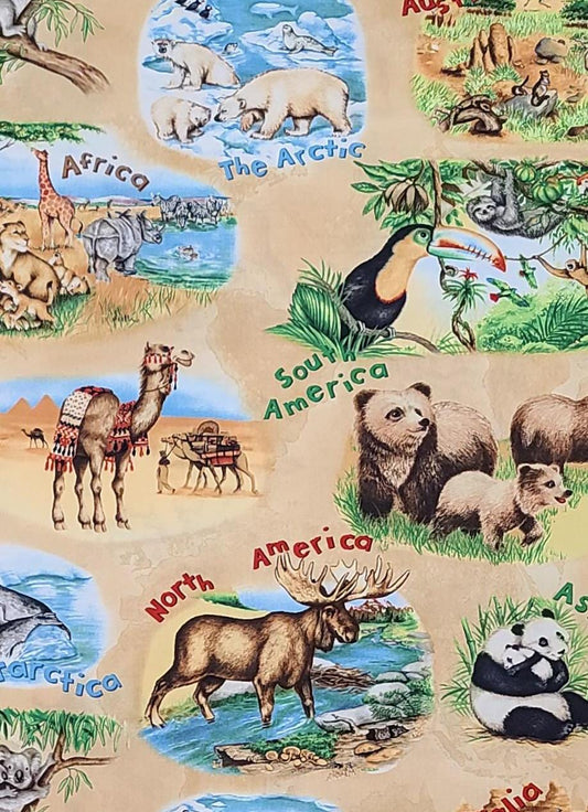 Animals Around the World Lisa McCue Wilmington Prints - Gold and Tan Animal Print Fabric / Camel, Brown Bear, Seal, Koala