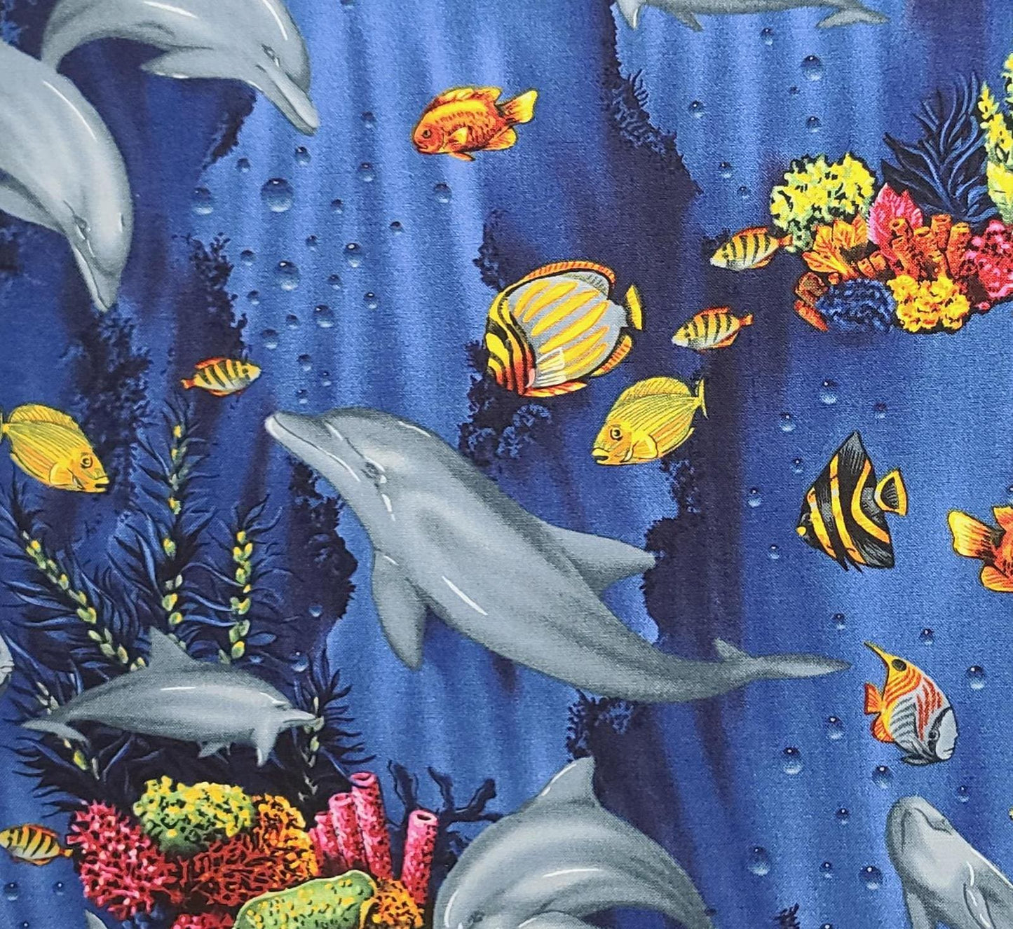 EOB - Ocean Paradise S#D451 by Hoffman California International Fabrics - Blue Fabric / Dolphin, Coral, Tropical Fish Print