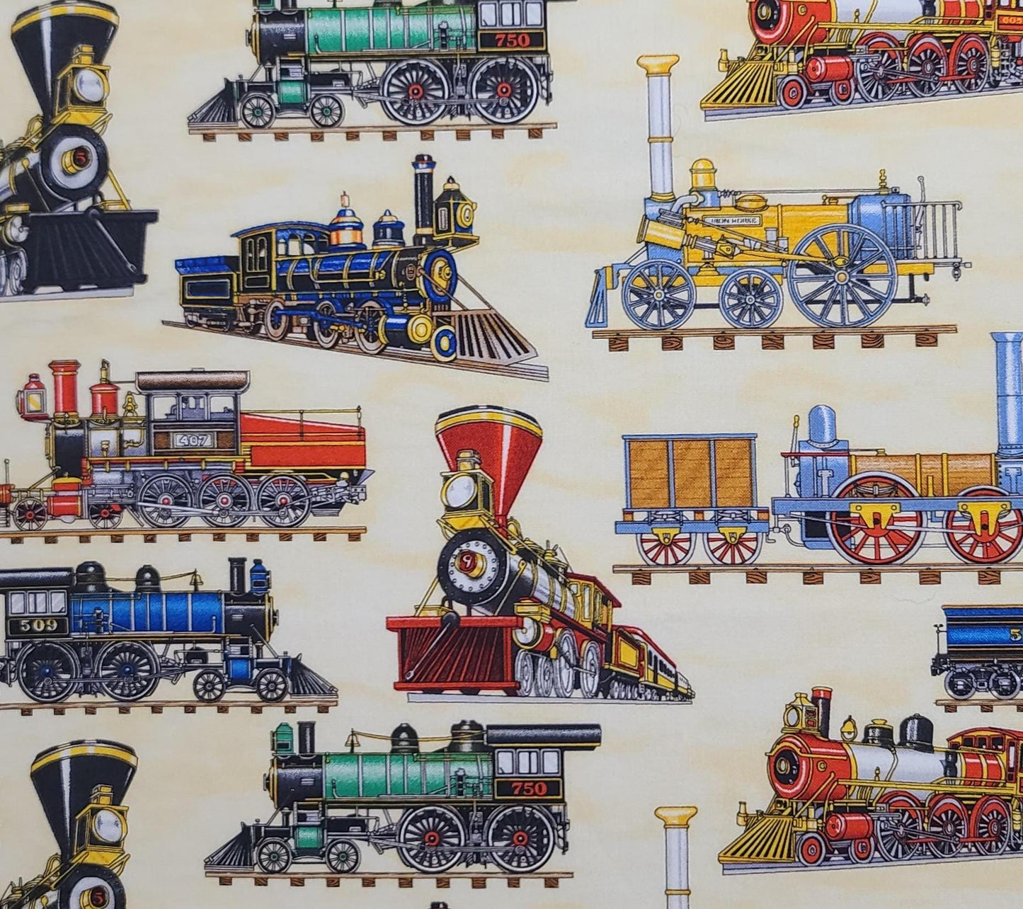 EOB - Timeless Treasures Fabrics Inc Pattern DAN-C7174 - Pale Gold Tonal Fabric / Locomotive Print