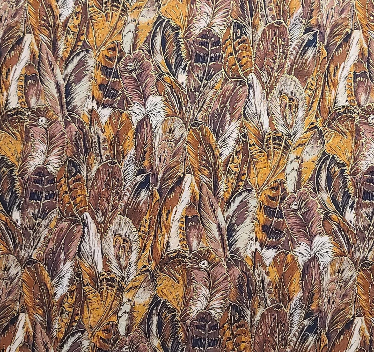 Windsor Collection by Hoffman International Fabrics - Brown and Rust Packed Feather Print Fabric / Gold Metallic Accents