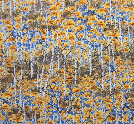 Riverwoods Collection Deer Camp by Granola Girl Debbie Field Troy Corp - Blue, Orange, White, Brown Packed Tree Print Fabric