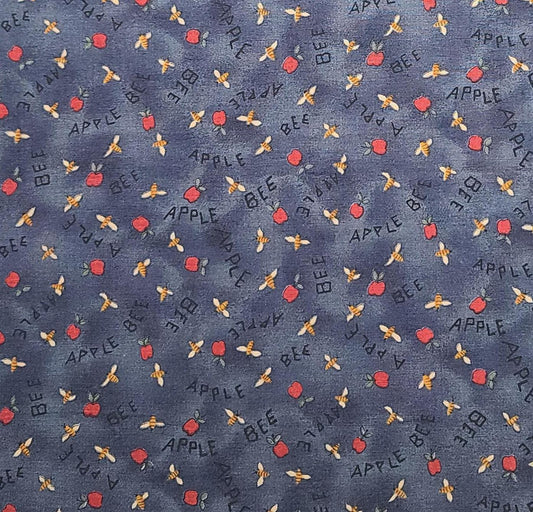 Apple n Bee Orchard by Carol Enders for Benartex - Slate Blue Tonal Fabric / Apple and Bee Script / Tossed Apples and Bees