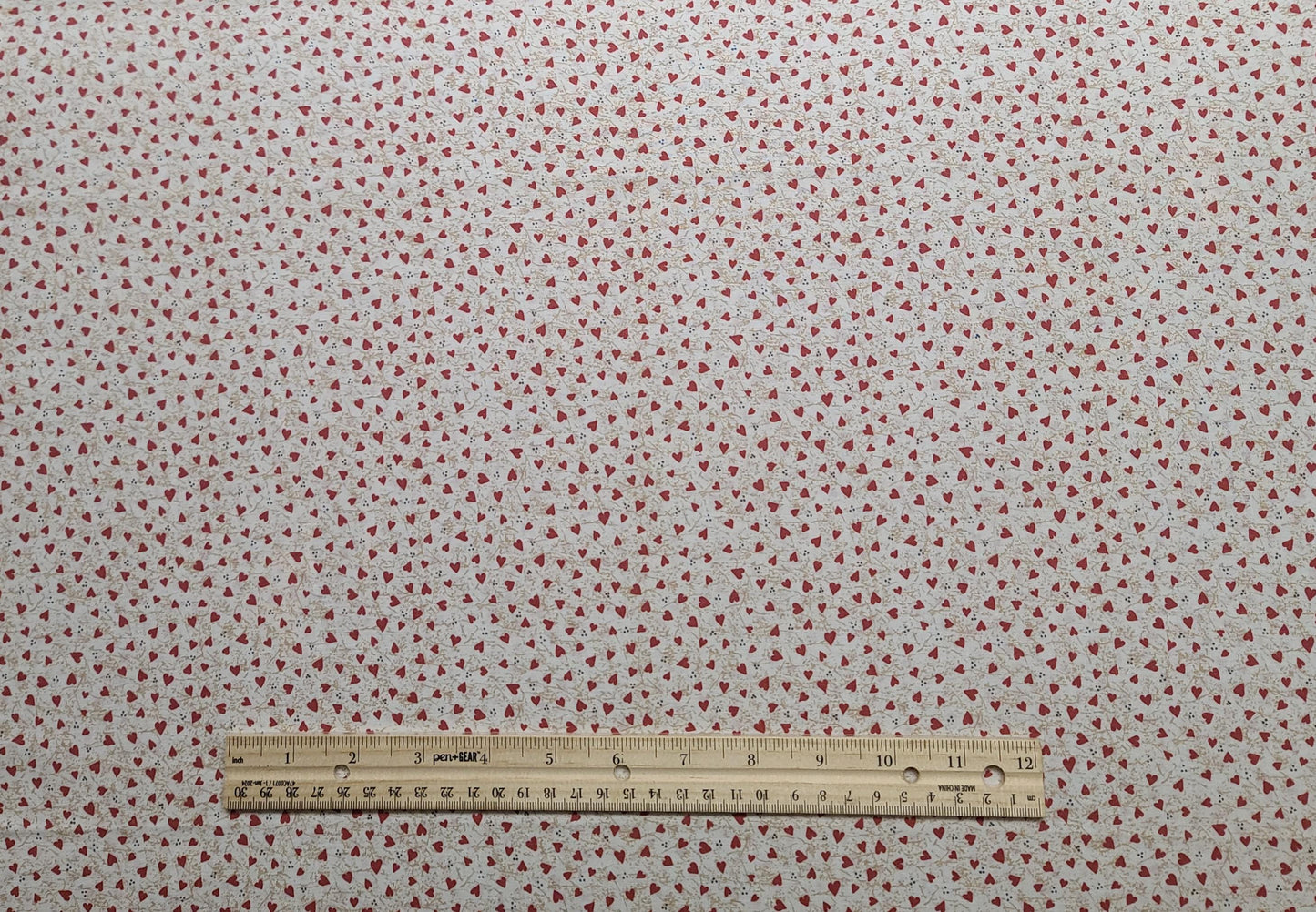 EOB - Little Quilts for Fabri-Quilts Inc - White Fabric / Tan, Blue, Red Tossed Mini Heart Print