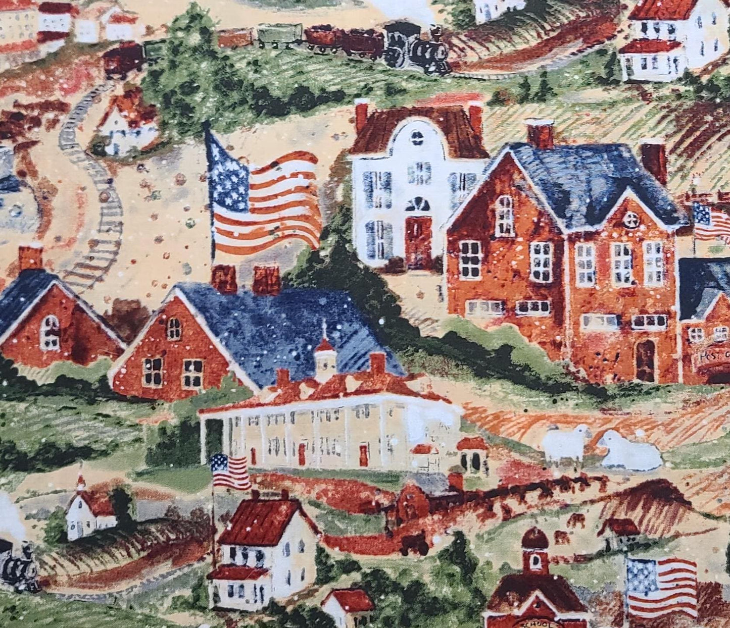 Old Glory Susan Winget for SSI - Vintage Americana Print / Tan, Green, Red, White, Blue