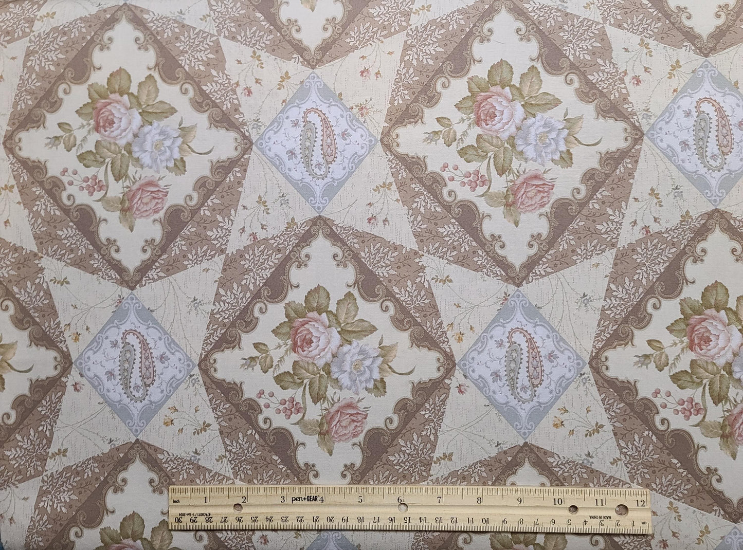 EOB - Muted Transitions Lisa DeBee for Benartex Style #3821 - Cream Fabric / Tan, Gray, Mushroom, Pink, White Diamond Floral, Paisley Print