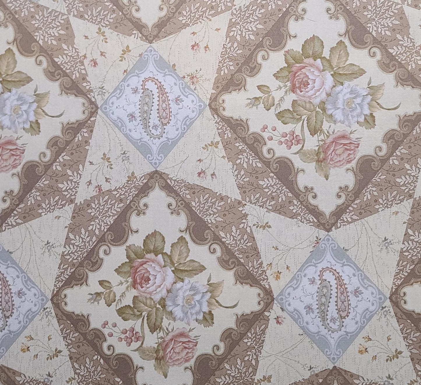 EOB - Muted Transitions Lisa DeBee for Benartex Style #3821 - Cream Fabric / Tan, Gray, Mushroom, Pink, White Diamond Floral, Paisley Print