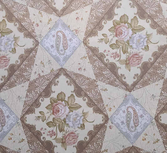 EOB - Muted Transitions Lisa DeBee for Benartex Style #3821 - Cream Fabric / Tan, Gray, Mushroom, Pink, White Diamond Floral, Paisley Print