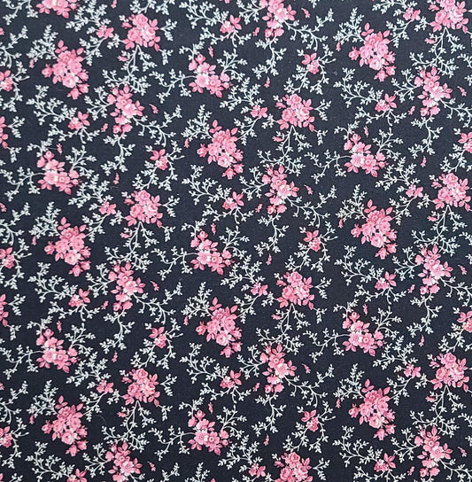 Joan Kessler for Concord Fabrics Inc - Black Fabric / Pink, White Flower and Vine Print