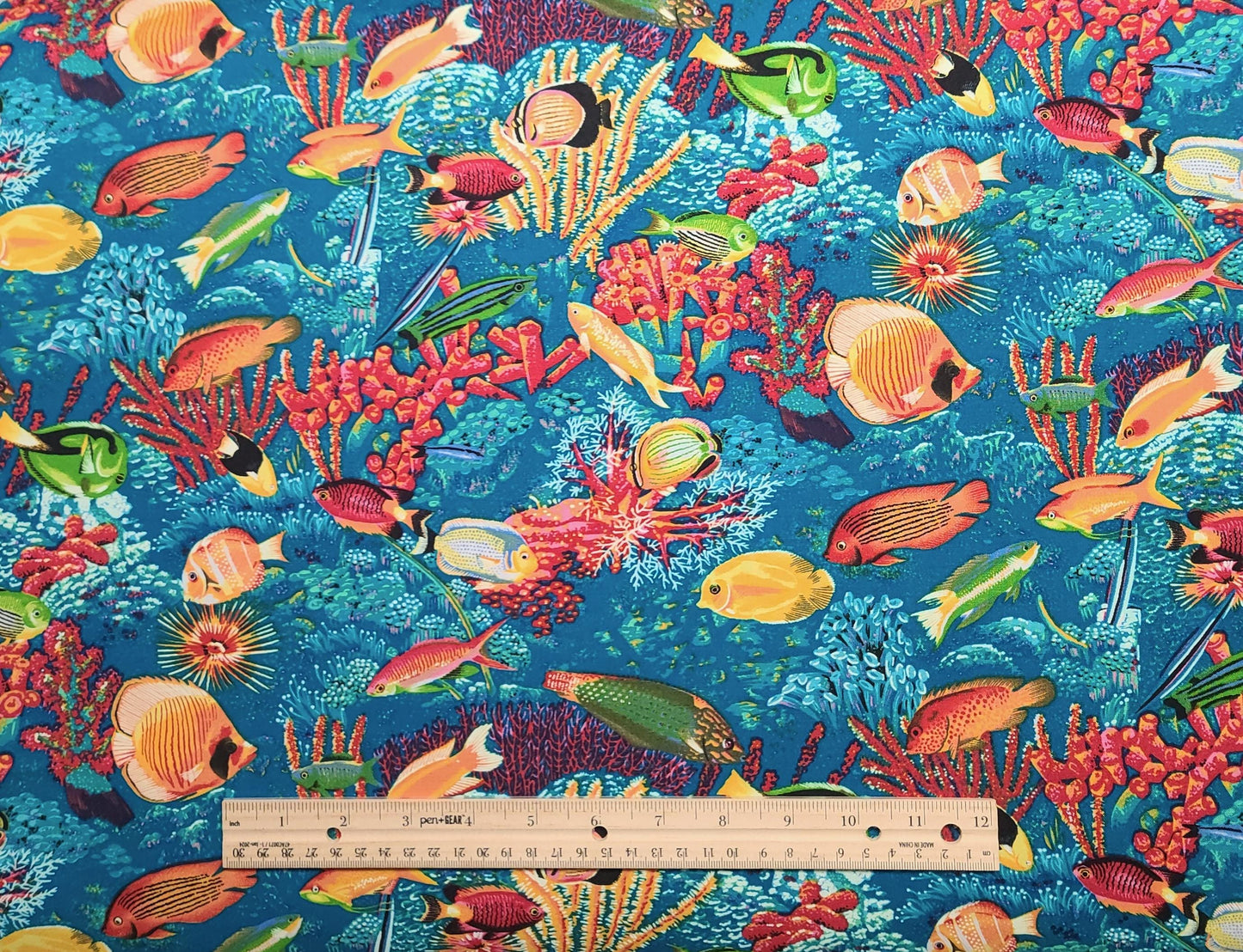 Majesty of the Sea by Moda Pattern #15292 - Bright Blue Fabric / Brightly Colored Fish and Coral Print