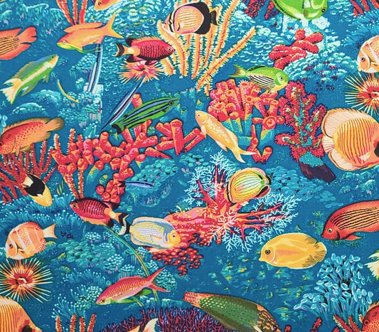 Majesty of the Sea by Moda Pattern #15292 - Bright Blue Fabric / Brightly Colored Fish and Coral Print