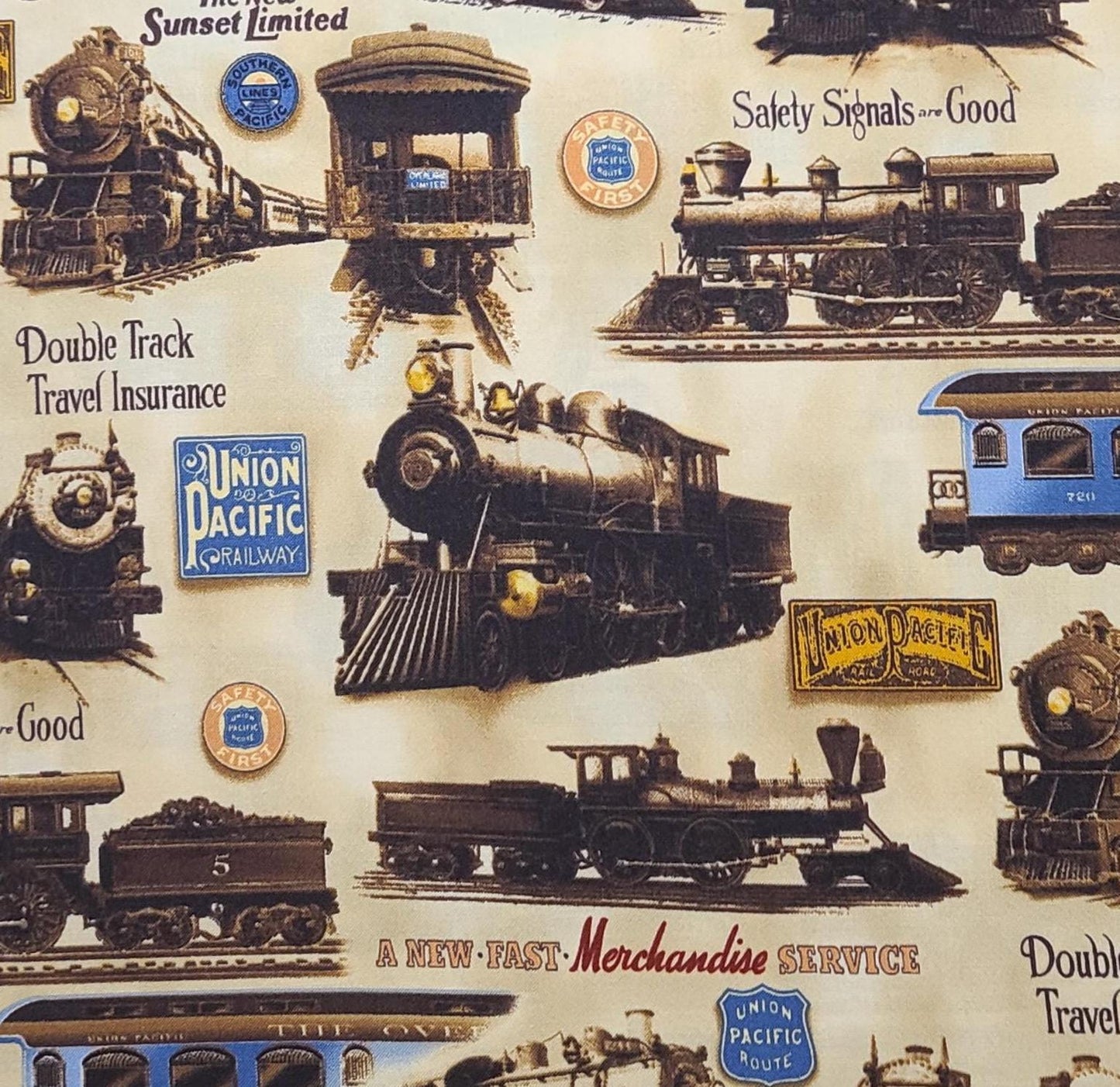 EOB - Union Pacific D#7685 Looking Good Licensing Robert Kaufman - Antique Gold Tonal Fabric / Union Pacific Badges and Locomotive Print