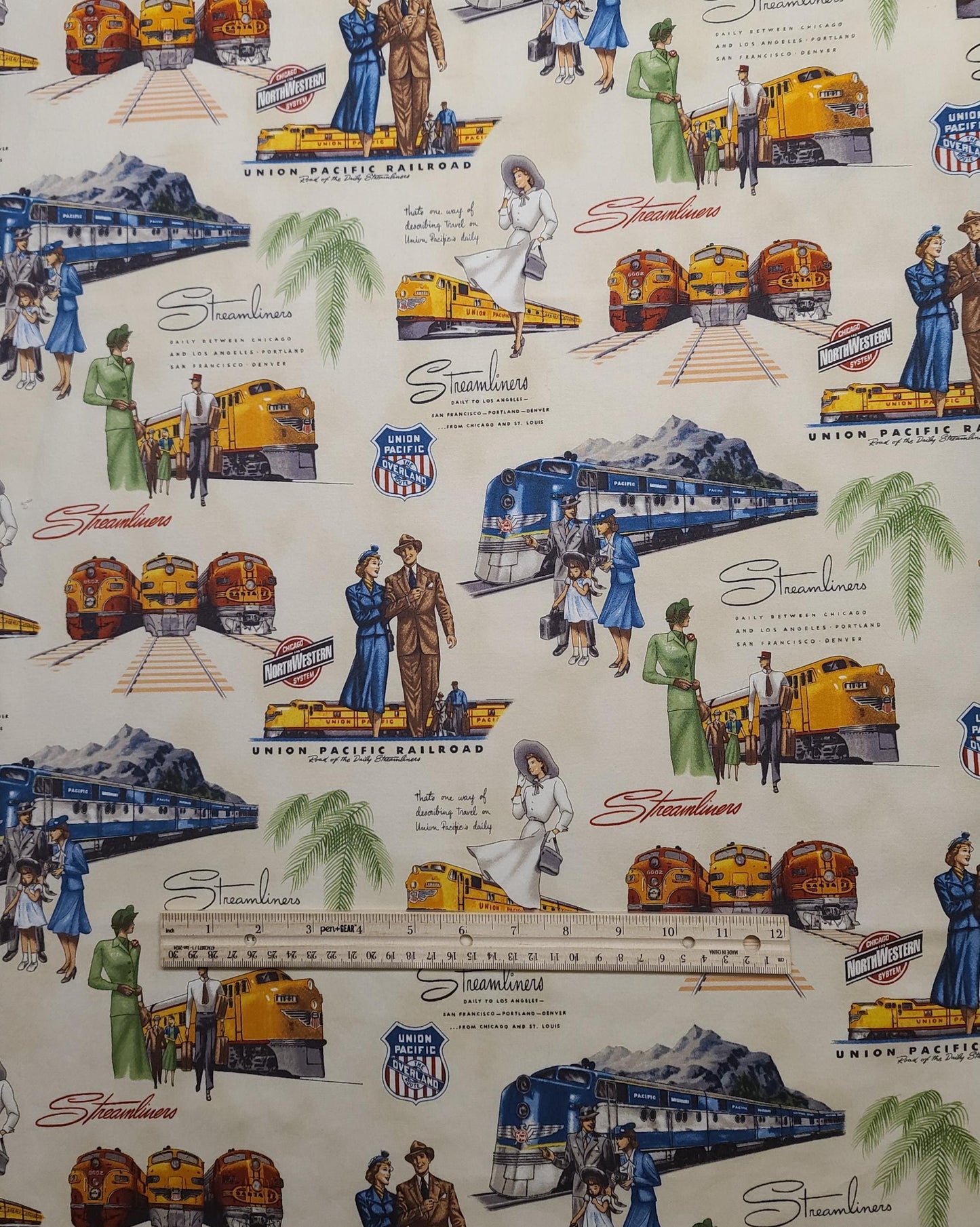 EOB - Union Pacific D#8435 - Cream Fabric / Vintage Streamliners, Locomotive, Travelers Print