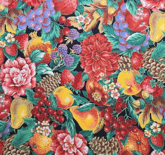 Joan Kessler for Concord Fabrics Inc - Black Fabric / Pack Poinsettia, Fruit, Pinecone Print