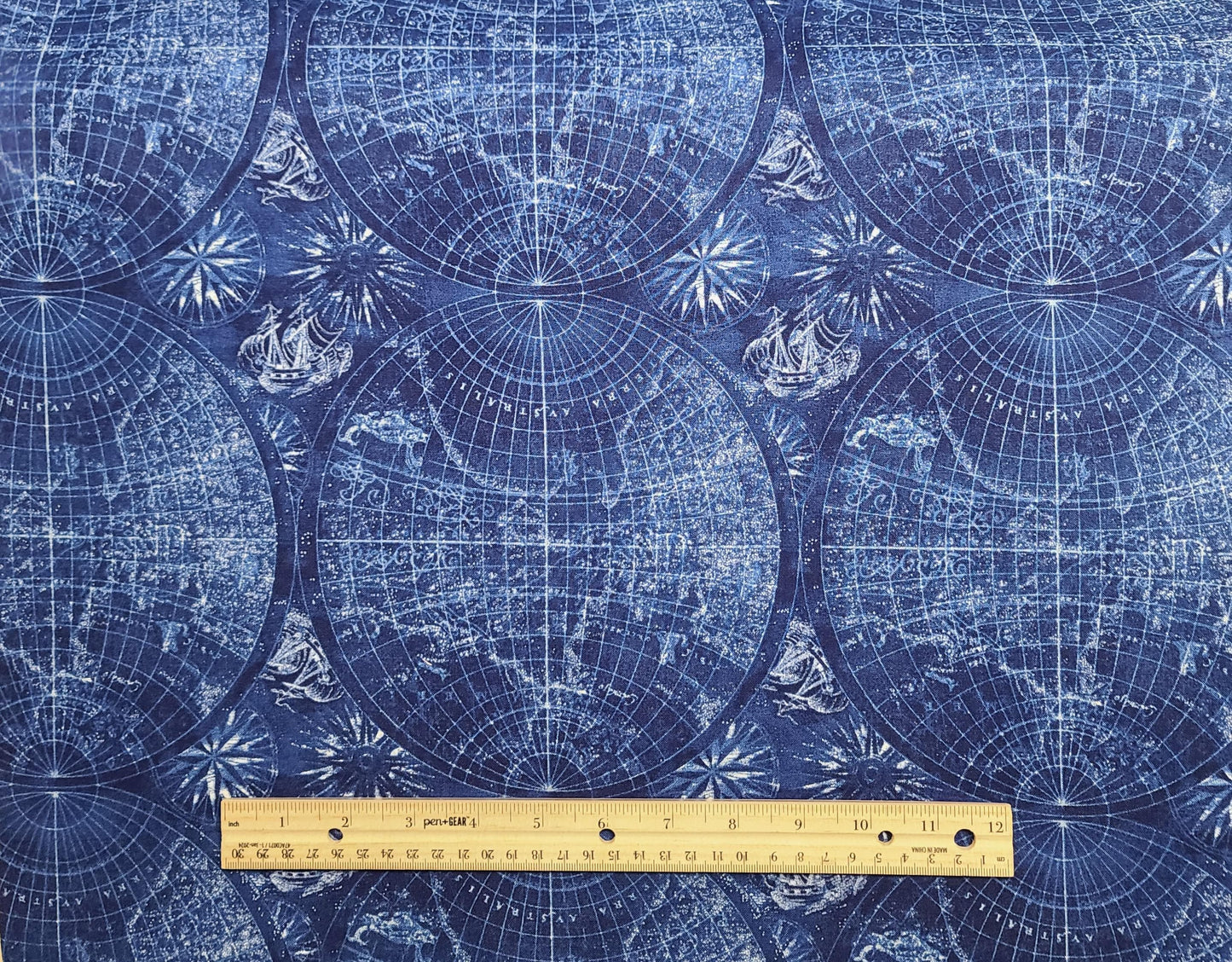 Peter Horjus D#6457 - Dark Blue Tonal Fabric / White World Map, Compass Rose, Sailing Ship Print