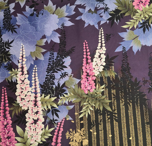 C832 Moonlit Garden Michael Miller - Black, Gold Metallic, Plum, Periwinkle, Green, Pink Night Garden Print Fabric